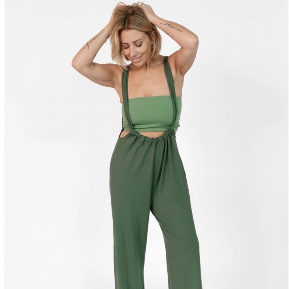 Smash + Tess Olive Green Wide Leg Suspender Jumpsuit Jenna Suspenderalls Large